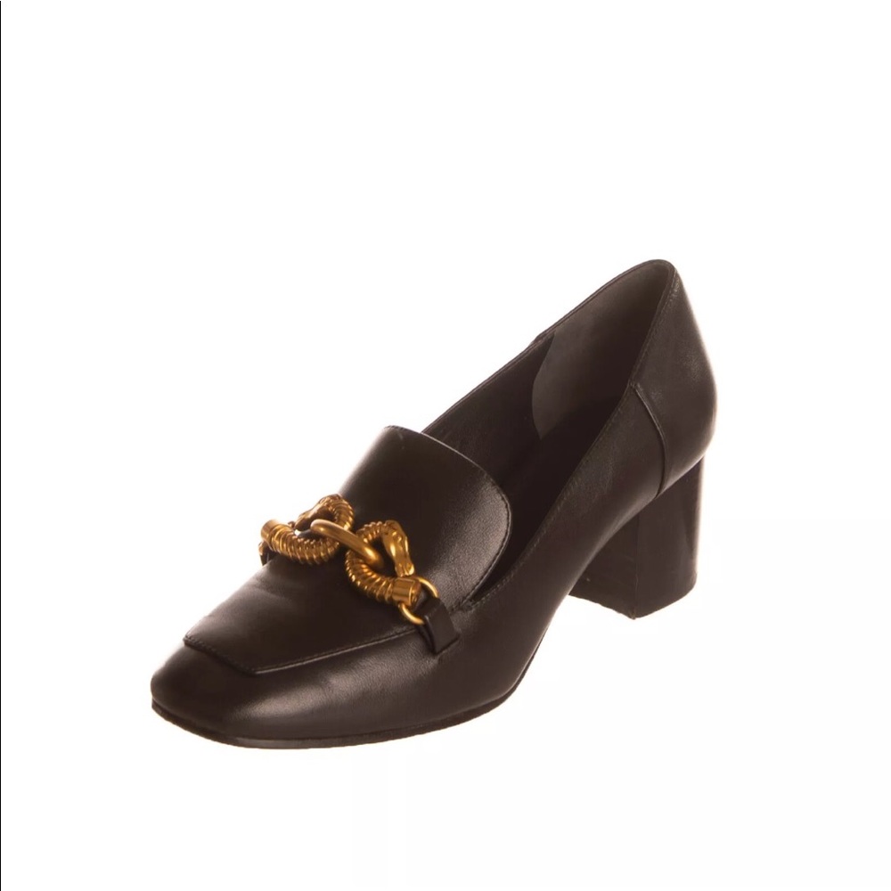 TORY BURCH Black Heels STUNNING GOLD CHAIN  Box 6